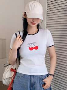 DAZY Women's Cherry Print Trim Round Neck Short Sleeve Casual T-Shirt Cute Tops