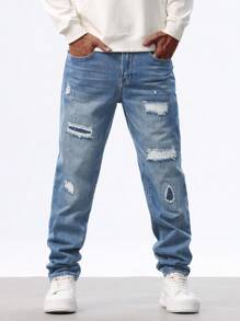 Manfinity Homme Men's Distressed Denim Jeans, Fashionable For Summer - Medium Wash - View 3