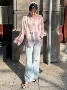 FRIFUL Camisa de mujer de manga larga, cuello redondo y holgada con malla, de moda para verano y otoño - Rosa - Ver 2