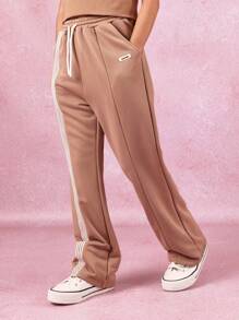 SUMWON Flared Jogger Sport Athletic Pants Wear Streetwear Elastic Waist Side Stripe Casual Workout Dance Athleisure Wide Leg Retro Track Pants Indoor Outdoor Active Wear - Khaki - View 2
