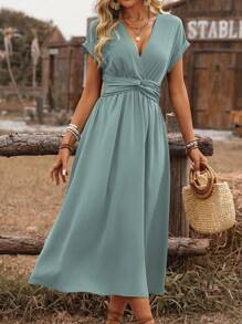 EMERY ROSE Women's Bohemian Style Shirred Waist Tie Ruffle Hem A-Line Midi Dress, Casual Vacation Crossover Front, Short Sleeve, Spring/Summer