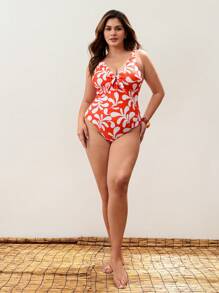 Maija Plus Size Women Plant Print Twist Front Sexy One-Piece Swimsuit Bohemian Beach Holiday Style Casual Style  Summer For Women Vacation Outfits Vacation European Summer Hawaii Outfits Women - Multicolor - View 2