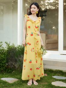 Celisse Women's Summer Casual Holiday Ruffled V-Neck Waisted Long Dress Beach Outfits For Woman