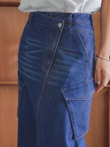 DAZY Women's Summer Casual High Slit Distressed Washed Denim Skirt With Large Pockets - Medium Wash - View 3