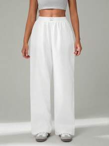 SHEIN Tall 基本款宽松休闲度假裤 黑色直筒裤 - 白色 - 查看 5