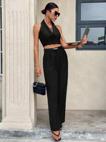 SHEIN Essnce Women's Sexy Solid Color Halter Backless Tank Top For Summer - Black - View 5