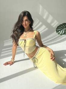 Aloruh Women Two Pieces Outfits For Daily Wear Summer Summer Outfits Summer Clothes Beach Outfits For Woman  Beach Vacation Vacation Outfits Woman Boho  Tropical Vacation Woman Clothe Mesh Butter Yellow  Fairycore Graduation Outfit  Graduation Dress Graduation Dresses For Women   White Graduation Dress