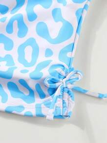 女童豹纹分体泳衣，带肩带，随机印花 - 藍色 - 查看 5