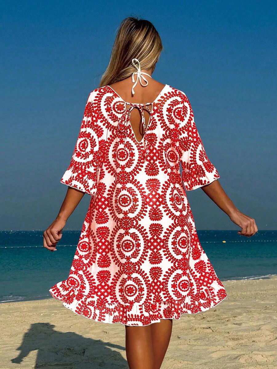 Swim Lushoire 女式夏季花卉印花V领宽松网眼罩衫连衣裙