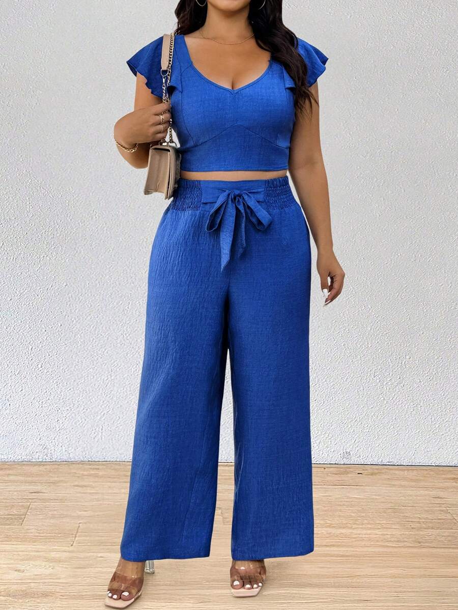 SHEIN PETITE مجموعة بحجم كبير ملابس علوية بحمالات من الكشكشة وبنطال ضيق، قطعتان - الأزرق - مشاهدة 1
