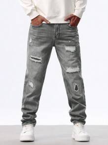 Manfinity Homme Men's Pockets With Distressed Straight Leg Casual Jeans