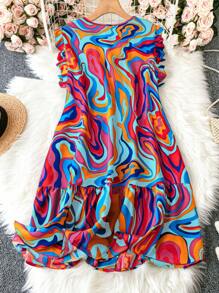 Plus Size Front Button Allover Print Vacation Casual Dress - Baby Blue - View 2