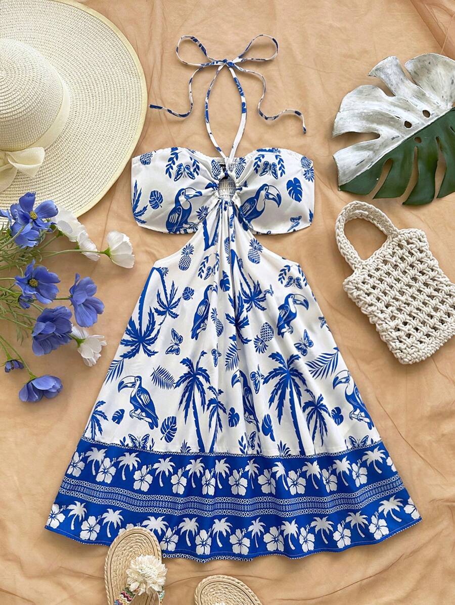Soleia 浪漫热带植物与鸟类图案女士收腰镂空度假连衣裙，蓝色和白色