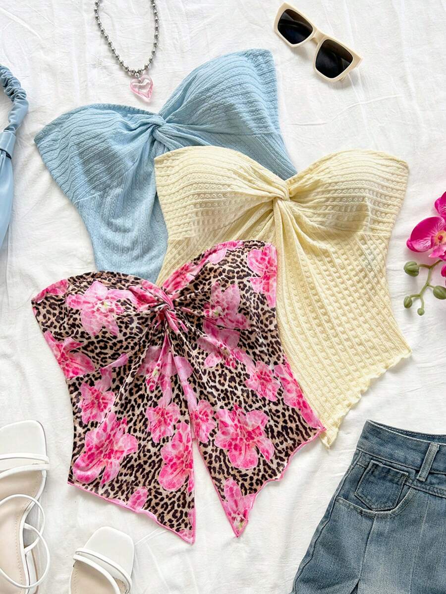 Soleia Setelan 3 potong wanita, atasan rajut bertekstur tanpa tali dengan belahan depan model kepang dan hem bergelombang, pas badan, cocok untuk minum teh, jalan-jalan, liburan, musim panas, pakaian dalam/luar, pesta. - MultiWarna - View 1