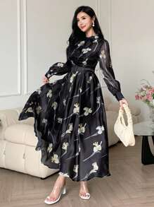 DAZY Đầm nữ tay phồng họa tiết hoa, dáng dài ngang gối, thanh lịch, thích hợp cho mùa thu. - màu đen - Xem 6