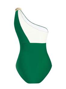 Swim Oasis Plus Size Women 2pcs Set Spliced Halter One-Piece Swimsuit With Printed Long Cover Up Skirt, Fashionable & Elegant Beach Vacation Swimwear For Summer - Green - View 4