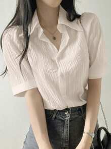 Wynsel Blusa suelta con cuello de solapa y plisado en unicolor para mujer, blanco, primavera/verano/otoño