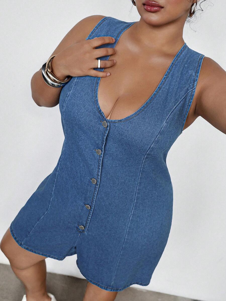 Dripcurv 大码女式牛仔无袖连体裤，休闲修身短裤，蓝色 - 藍色 - 查看 1