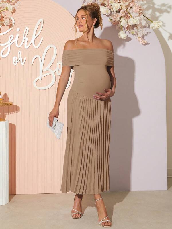 Loomaby Elegant Simple Off Shoulder Pleated Hem Maternity Dress, Summer