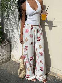 SHEIN EZwear Quần dài cạp rút họa tiết vỏ sò và quả anh đào ngày lễ mùa hè cho nữ - trắng - Xem 3
