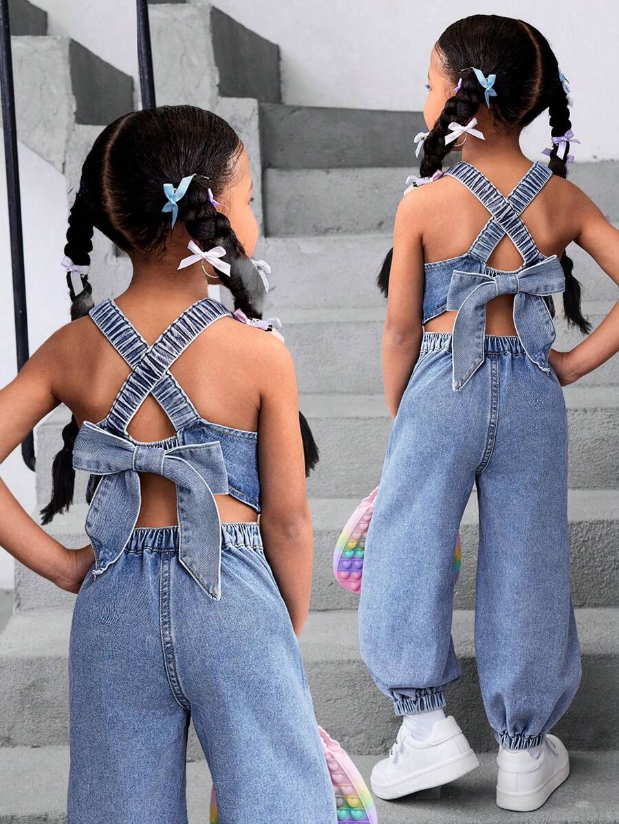 SHEIN Young Girl Y2K Denim Sleeveless Jumpsuit With Back Big Bow Accent - Light Wash - View 1