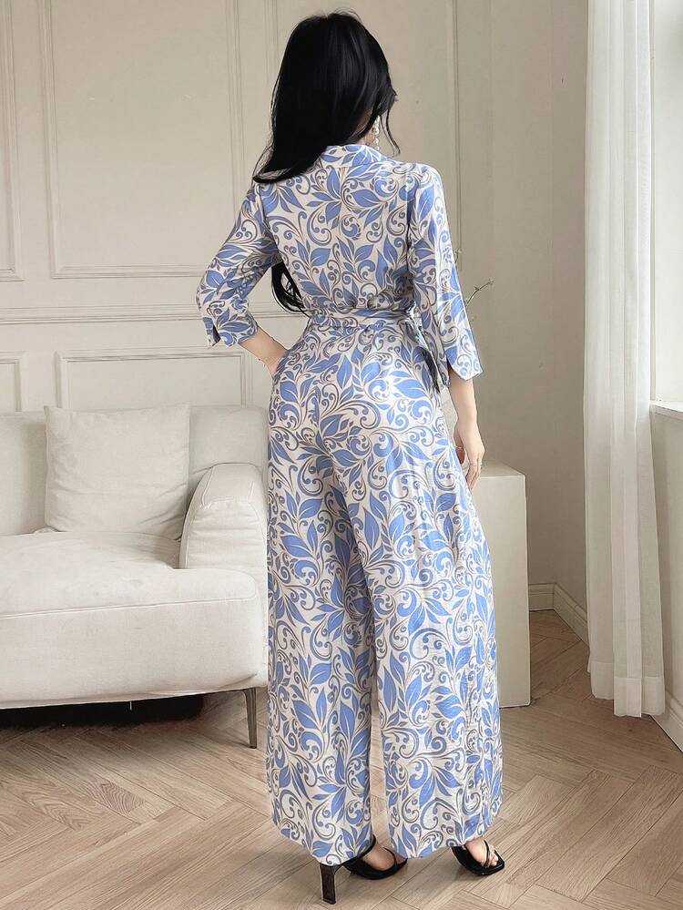 Women's Floral Print 3/4 Sleeve Wide Leg Elegant Jumpsuit Fall/Winter Vacation Outfits Women Jumpsuit Boho