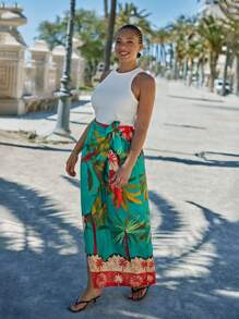 Maija 大码度假植物印花裹身系腰半身裙，适合夏季度假、海滩、商务休闲、外出、波西米亚风、办公室、节日、秋季返校、返校节等场合，风格简约复古，适合老派女性、教师等，浪漫百搭。 - 彩色 - 查看 6