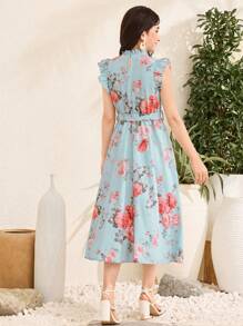 SHEIN Teen Girl Floral Contrast Lace & Mesh Flutter Cap Sleeve Ruffle Hem Chiffon Dress - Baby Blue - View 2