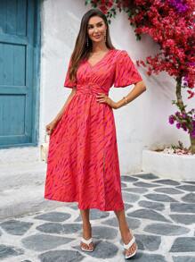 SHEIN Clasi Abito mini con maniche a palloncino, stampa a dopamina, copertura completa, adatto per le vacanze estive
