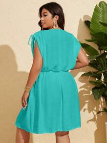 Swim Vcay Enterizo playero informal con bolsillo de cordón en la cintura en color liso para mujer talla grande - Verde - Ver 2