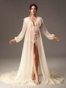 Cheriluna Maternity Pregnant Women Sexy Ruffled Collar Long Sleeve Robe For Maternity Photoshoot - Beige - View 4