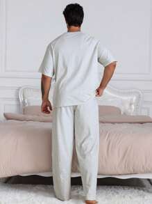 DAZY Gray Dog Graphic Print T-Shirt Matched With Men's Lounge Home Outfit Set, Summer Pajama - Grey - View 2