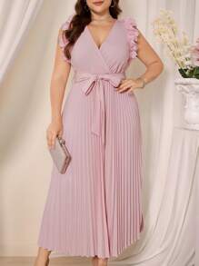 SHEIN Clasi Plus Size Enfärgad V-hals Plisserad midja Elegant klänning - Aprikos - Visa 6