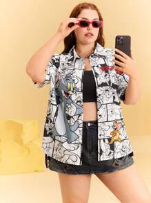 TOM & JERRY X SHEIN Plus Size Casual Cartoon Graphic Button-Front Short Sleeve Blouse Rave Festival/ Rave/Festival/ Rave/ Festival For Women/ Country Concert/ Festival/ Concert/ C Concert Women/ Concert For Women/Rave/Rave Top Summer / Summer For Women/ Summer / Cute Summer Tops Classic Casual Shirt