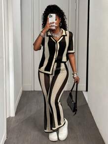 Slaydiva New Summer Casual Sportswear Casual Home Wear Beach Vacation Casual Vacation Simple Style Basic Style Lapel Shirt Collar V-Neck Open Placket Short-Sleeved Woolen Top + Wide-Leg Pants Trousers Black And White Striped Woolen Suit Women's Sweater Two-Piece Suit - Black - View 4