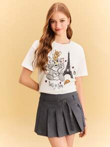 TOM & JERRY X SHEIN Women's Casual Cartoon & Tower Print Round Neck Short Sleeve T-Shirt, Summer