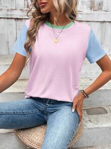 SHEIN LUNE Casual Colorblock Striped Loose Fit Round Neck Short Sleeve Plus Size Women T-Shirt, Summer Woman S Summer Clothes Tee Shirts For Women