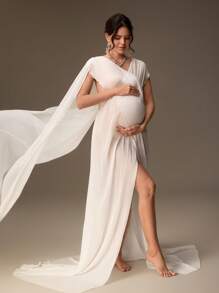 SHEIN Vestido de maternidad elegante de unicolor con cuello en V y envolvente para sesión de fotos de maternidad - Blanco - Ver 6