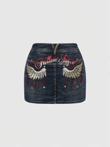 ROMWE Y2K Style Sexy Distressed & Frayed Denim Mini Skirt With Wing Embroidery, Low Waist - Blue - View 1