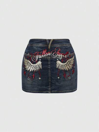 Y2K Style Sexy Distressed & Frayed Denim Mini Skirt With Wing Embroidery, Low Waist