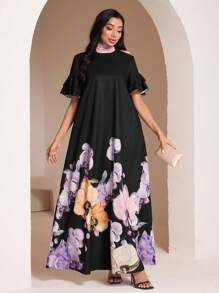 Al Najma Women's Floral Print Round Neck Ruffle Sleeve Elegant Arabian Style Maxi Dress - Multicolor - View 3