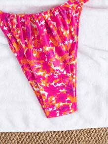 Swim Vcay Tropical Plant Print Double Fabric Low-Cut Pleat No Padding Sexy 2Pcs Women's Bikini Set For Summer Beach Vacation - Red - View 4