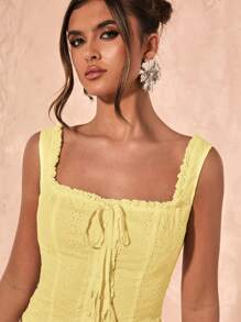 SHEIN BAE 女装春夏浪漫日常休闲度假简约海滩音乐节刺绣面料无袖外出夏季上衣，热带度假，狂欢节 - 黃色 - 查看 7