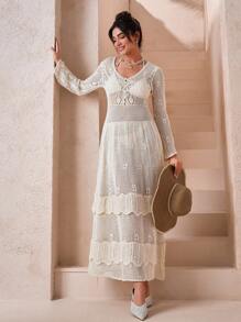 EURMUSE Women V-Neck Long Sleeve A-Line Midi Buttoned Button Detailed Cover Up Dress - Apricot - View 3