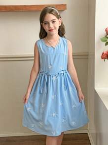 Tween Mädchen Schleife Dekor Rundhals ärmelloses Lässig Kleid