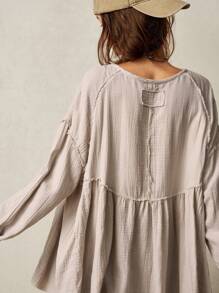 Bohemela Plus Size Woven Loose Fit Long Sleeve Shirt,Vintage - Apricot - View 3