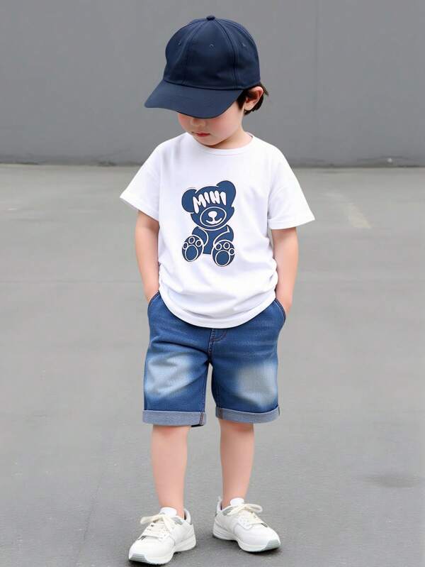 SHEIN Genkimix Kids 2pcs/Set Young Boy Casual Denim Bear Embroidery Short Sleeve Tee And Shorts Set, Suitable For Daily Wear, Sports, School, Outdoor Activities In Summer