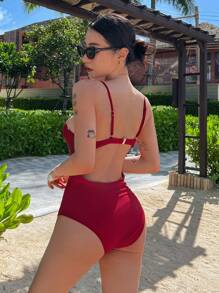 DAZY Women's Solid Color Spaghetti Strap Sexy One-Piece Swimsuit Vacation - Burgundy - View 3