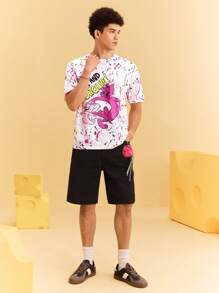 TOM & JERRY X SHEIN Camiseta de manga corta de cuello redondo con estampado de dibujos animados y teñido anudado casual para hombre, camiseta gráfica de verano - Blanco - Ver 4