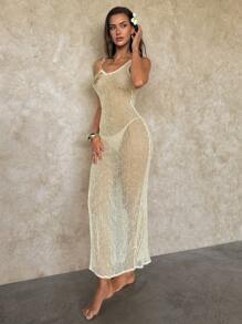 Swim Glamine 女式亮片长裙，带钩针蕾丝花边刺绣和服，优雅休闲装，适合春夏季假日海滩派对音乐节 - 米色 - 查看 4